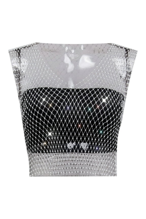 Rhinestone Fishing Net Net Flash Women's Short Sleeved Vest