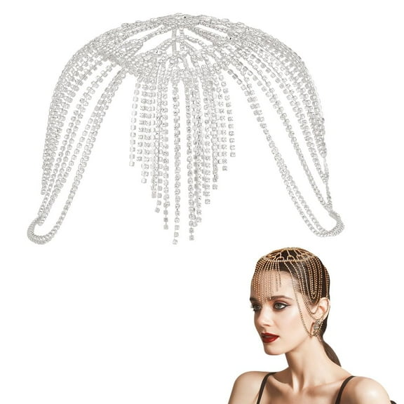 Rhinestone Flapper Headpiece Cap Vintage Rhinestone Flapper Headpiece Accessories for Women Women's Hairband Head Chain Hairband for Wedding Mardi Gras Party Silver Silver