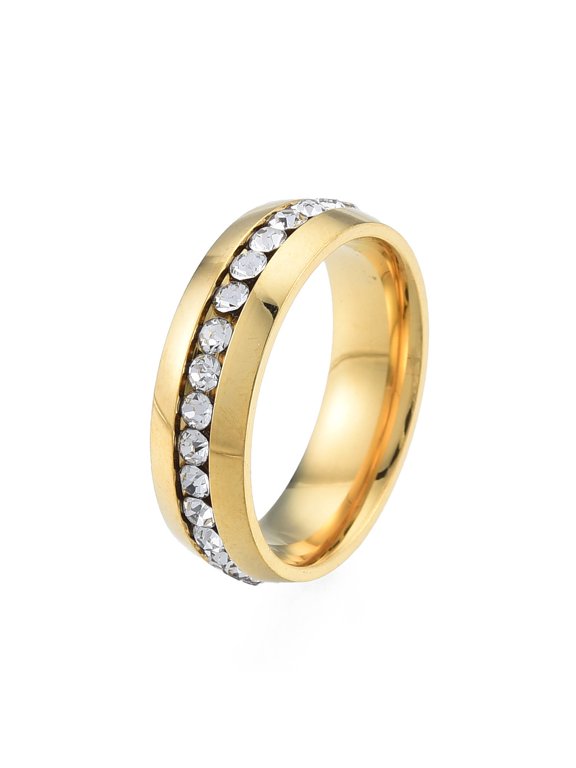 Rhinestone Flat Finger Ring 201 Stainless Steel Jewelry for Women Light Gold Inner Diameter: 17mm