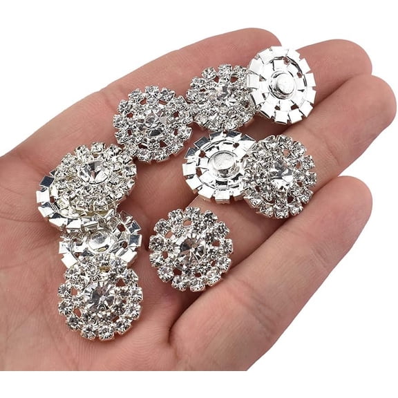 Rhinestone Flower Buttons Clear Glass 19mm Flatback Bling Reflective Sparkly Big Hole Thread Clean Remove for DIY Sew Clothes Wedding Dress Bouquet 10 count Metal