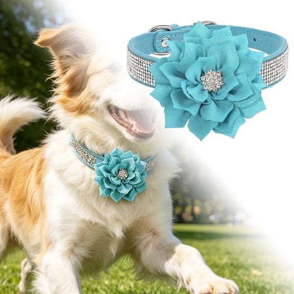 Rhinestone Flower Dog Collar, Soft Velvet Adjustable Pet Collar with Quick Release Sliver Buckle, Bling Floral Collar for Small Medium Large Dogs Cats(Blue, XS)