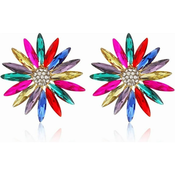Rhinestone Flower Stud Earrings Sparkling Large Crystal CZ Daisy Sunflower Floral Statement Studs Earring Delicate Bridal Wedding Prom Party Jewelry for Women Wife Bride