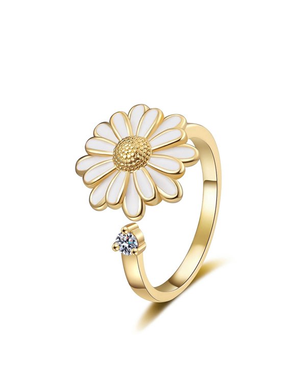 Rhinestone Flower Violet Smooth Floral Adjustable Cuff Ring Purple White Silver Gold Gold White R138
