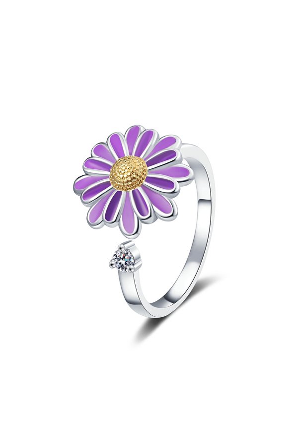 Rhinestone Flower Violet Smooth Floral Adjustable Cuff Ring Purple White Silver Silver Purple R138