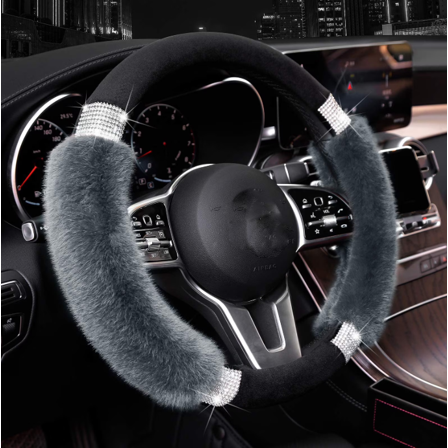 Rhinestone Fluffy Steering Wheel Cover Comfortable Non-Slip Luxury Faux Wool, Universal Fit for 14.5-15 Inches Steering Wheels