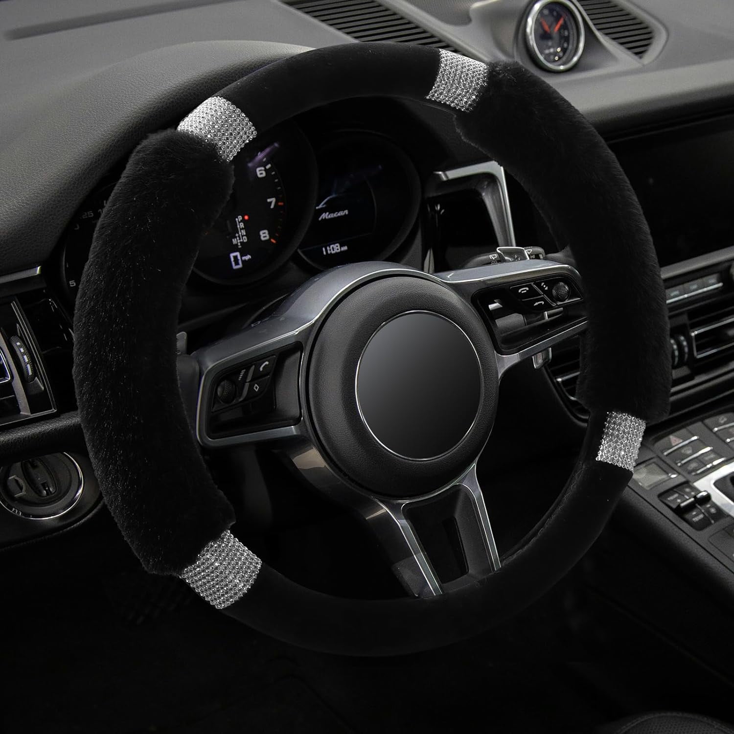 Rhinestone Fluffy Steering Wheel Cover Comfortable Non-Slip Luxury Faux Wool, Universal Fit for 14.5-15 Inches Steering Wheels