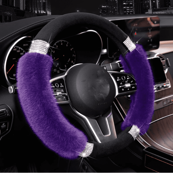 Rhinestone Fluffy Steering Wheel Cover Comfortable Non-Slip Luxury Faux Wool, Universal Fit for 14.5-15 Inches Steering Wheels