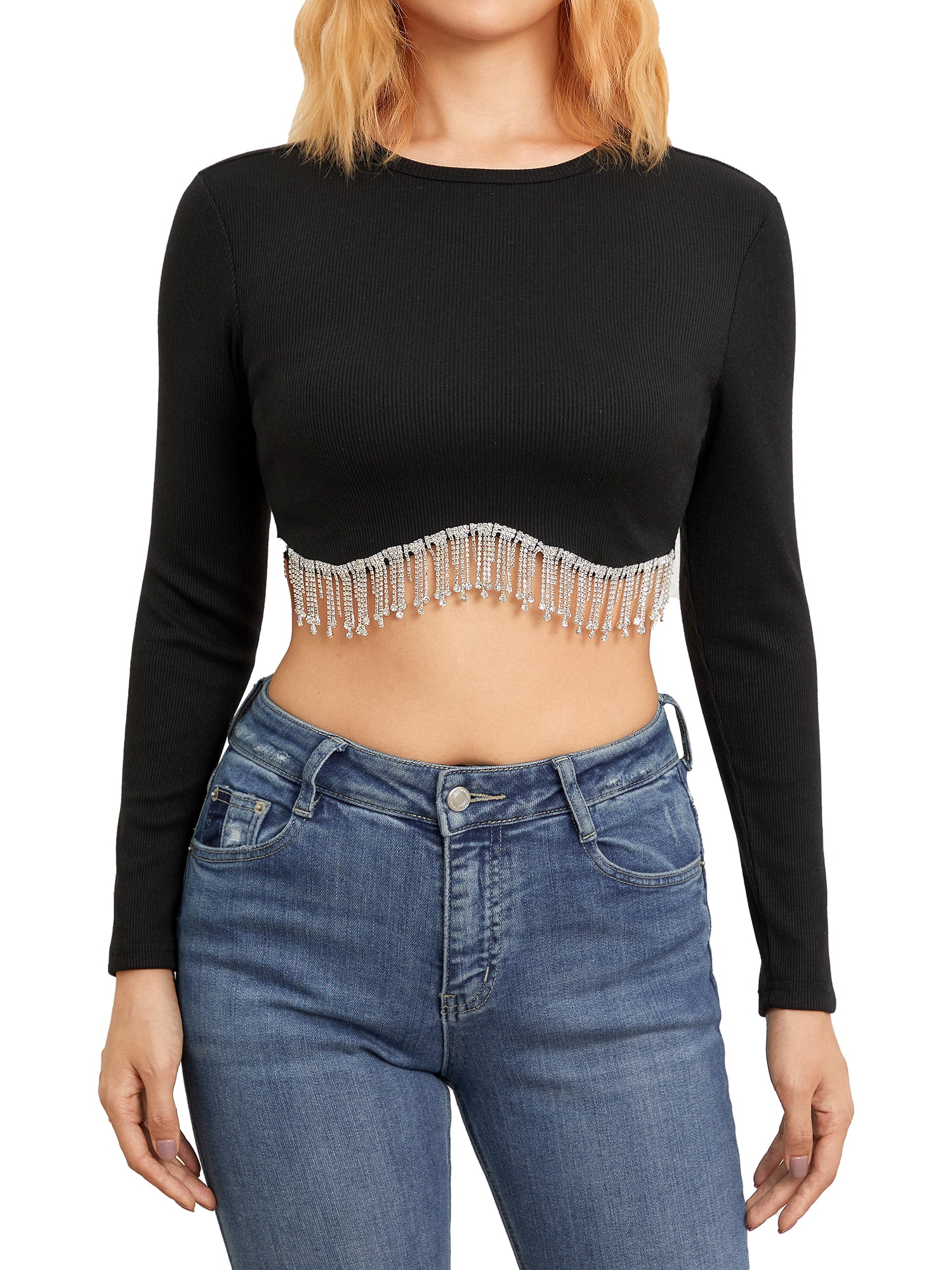 Black Strap Crop Top With Rhinestone Fringe – Free From Label