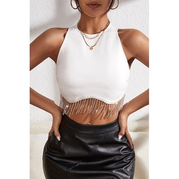 Rhinestone Fringe Zip Back Round Neck Cropped Top