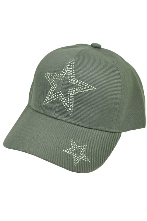 Rhinestone Gems Stars Gray Hat Cap Adjustable Acrylic Curved Bill Womens Headgear