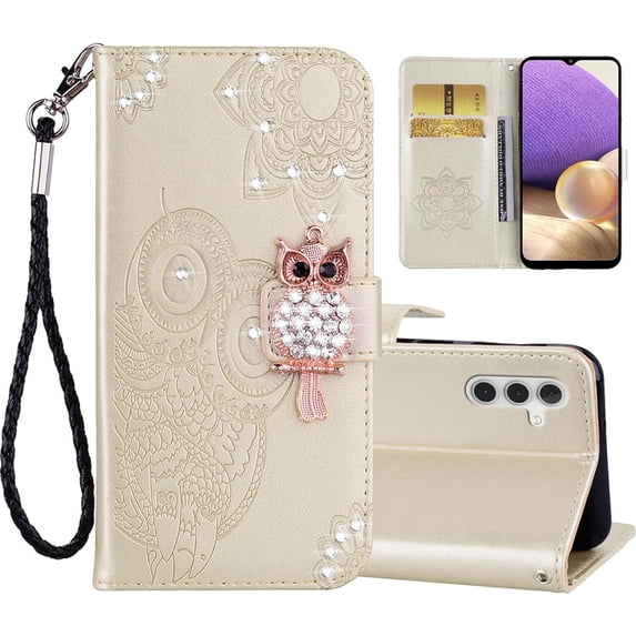 Rhinestone Glitter Flip Wallet Case for Samsung Galaxy A25 5G for Women, PU Leather Crystal Diamond Owl with Card Slot Cash Pockets Cover Case for Samsung Galaxy A25 5G MTY-Gold