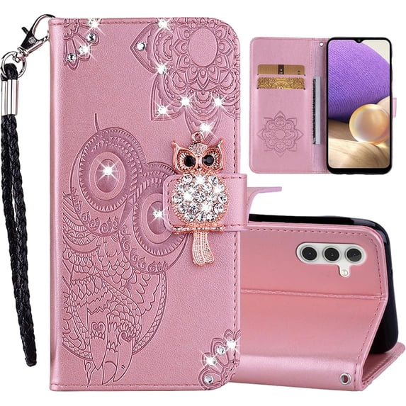 Rhinestone Glitter Flip Wallet Case for Samsung Galaxy A25 5G for Women, PU Leather Crystal Diamond Owl with Card Slot Cash Pockets Cover Case for Samsung Galaxy A25 5G MTY-Rose Gold