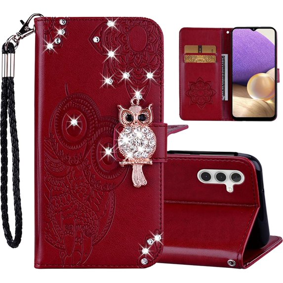 Rhinestone Glitter Flip Wallet Case for Samsung Galaxy S24 Plus (Not S24) for Women, Crystal Diamond Owl with Card Slot Cash Pockets Cover Case for Samsung Galaxy S24+ Plus MTY-Red