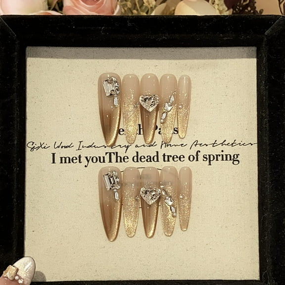 Rhinestone Glitter Handmade Press on Nails for Women Classy Prom Beautiful Extra Long Stiletto Gold Fake Nails