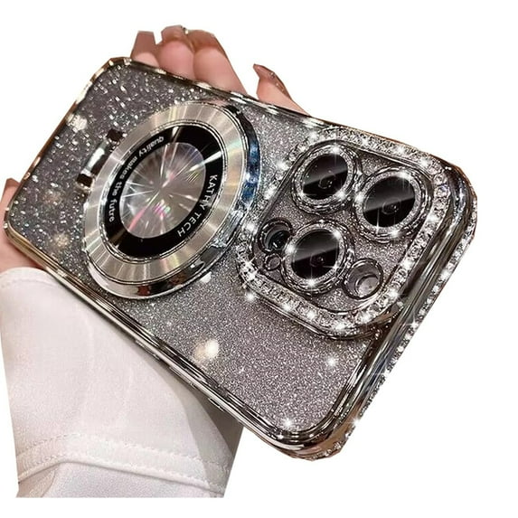 Rhinestone Glitter Plated Bling Luxury Phone Case with Holder Stand for Girls Women,Stylish Apple iPhone Case Compatible with Magsafe,iPhone 15 Pro Case(Silver)