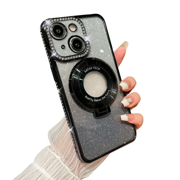 Rhinestone Glitter Plated Bling Luxury Phone Case with Holder Stand for Women,Stylish Apple iPhone Case Compatible with Magsafe,iPhone 14 Pro Case(Black)