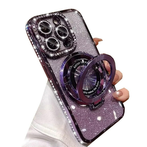 Rhinestone Glitter Plated Bling Luxury Phone Case with Holder Stand for Women,Stylish Apple iPhone Case Compatible with Magsafe,iPhone 15 Pro Case(Purple)