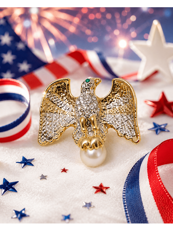 Rhinestone Gold Eagle Crystal Pearl Pin Small Dar Patriot Military USA Campaign Dar Brooch