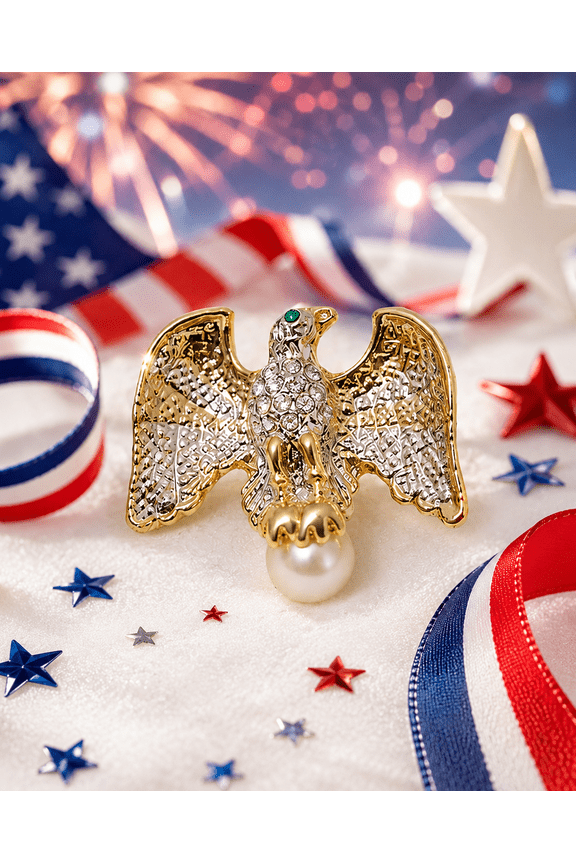 Rhinestone Gold Eagle Crystal Pearl Pin Small Dar Patriot Military USA Campaign Dar Brooch