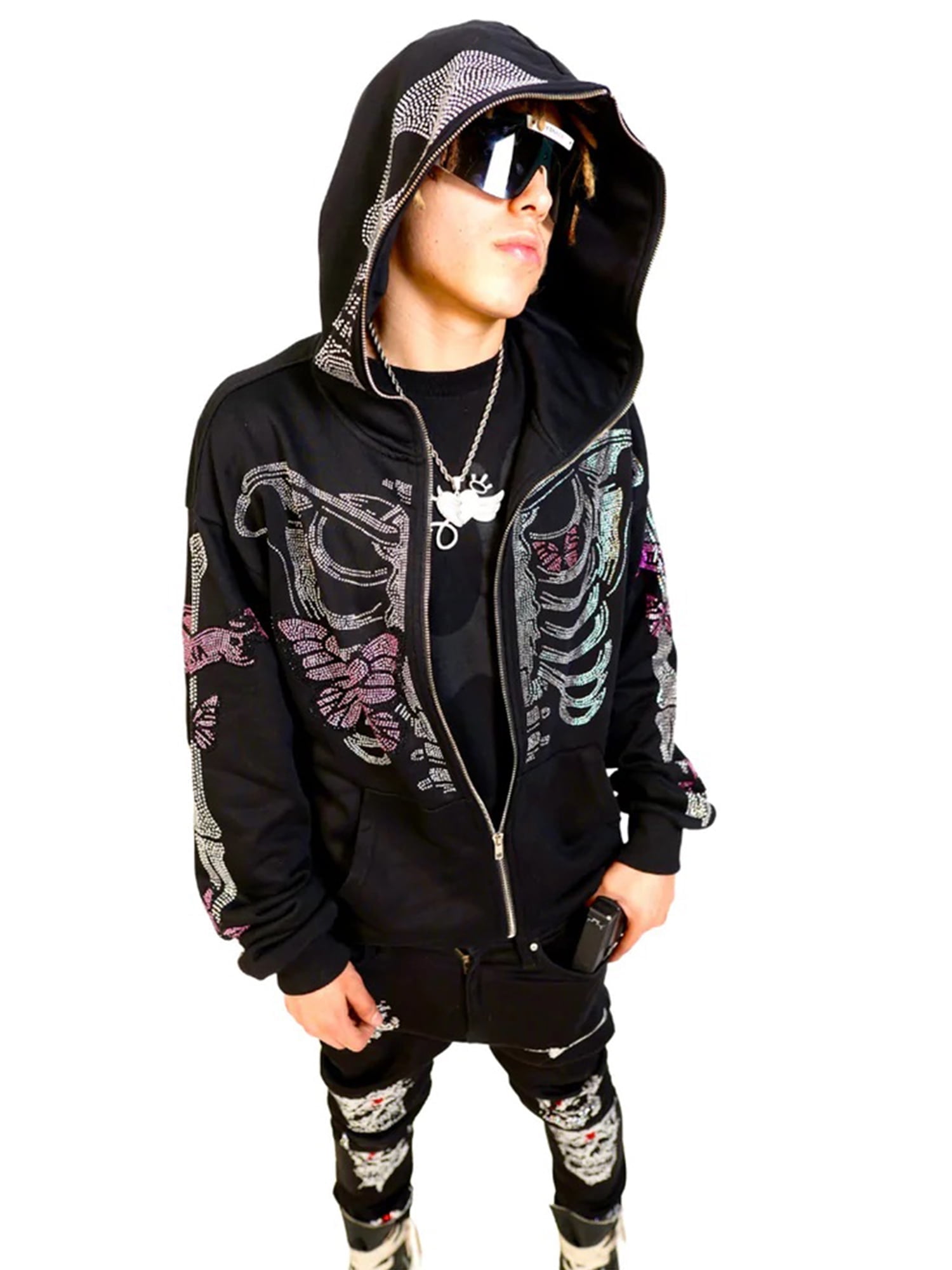 Rhinestone Graphic Hoodie with Head Cover,Oversized