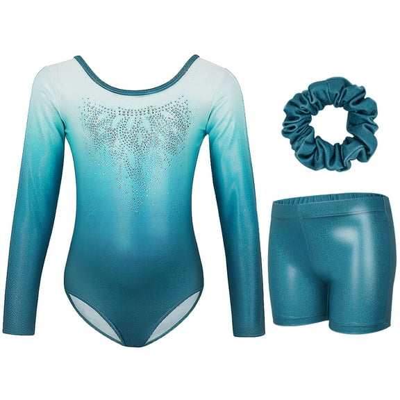 Rhinestone Gymnastics Leotard for Girls Long Sleeve Gradient Blue Dancewear