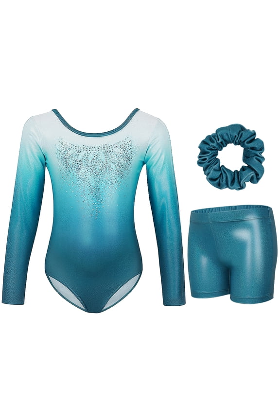 Rhinestone Gymnastics Leotard for Girls Long Sleeve Gradient Blue Dancewear