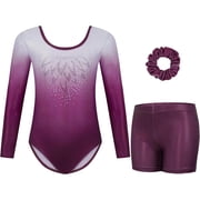 Leotards for Girls Gymnastics,Long Sleeve Sparkly Gradient Purple Dance Biketards with Shorts Ballet Tumbling Outfit for 5-10 Years