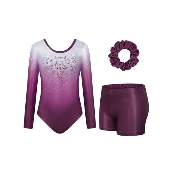 Rhinestone Gymnastics Leotard for Girls Long Sleeve Gradient Purple Dancewear