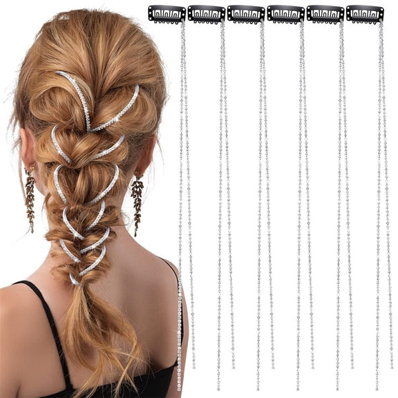 Rhinestone Hair Chains, NOGIS 6Pcs Punk Crystal Tassel Hair Clips Chains Rhinestone Hair Accessories Shiny Silver Hair Extensions Hair Pins Hair Gems for Women and Girls Hair Decoration