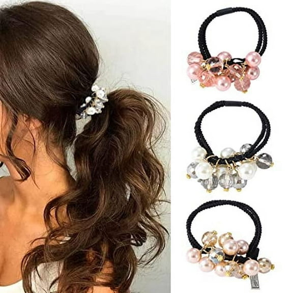 Rhinestone Hair Ties Pearl Ponytail Holder Pink Hair Ropes Elastic Hair Bands Stretch Hair Scrunchies Hair Accessories for Women and Girls (Pack of 3)