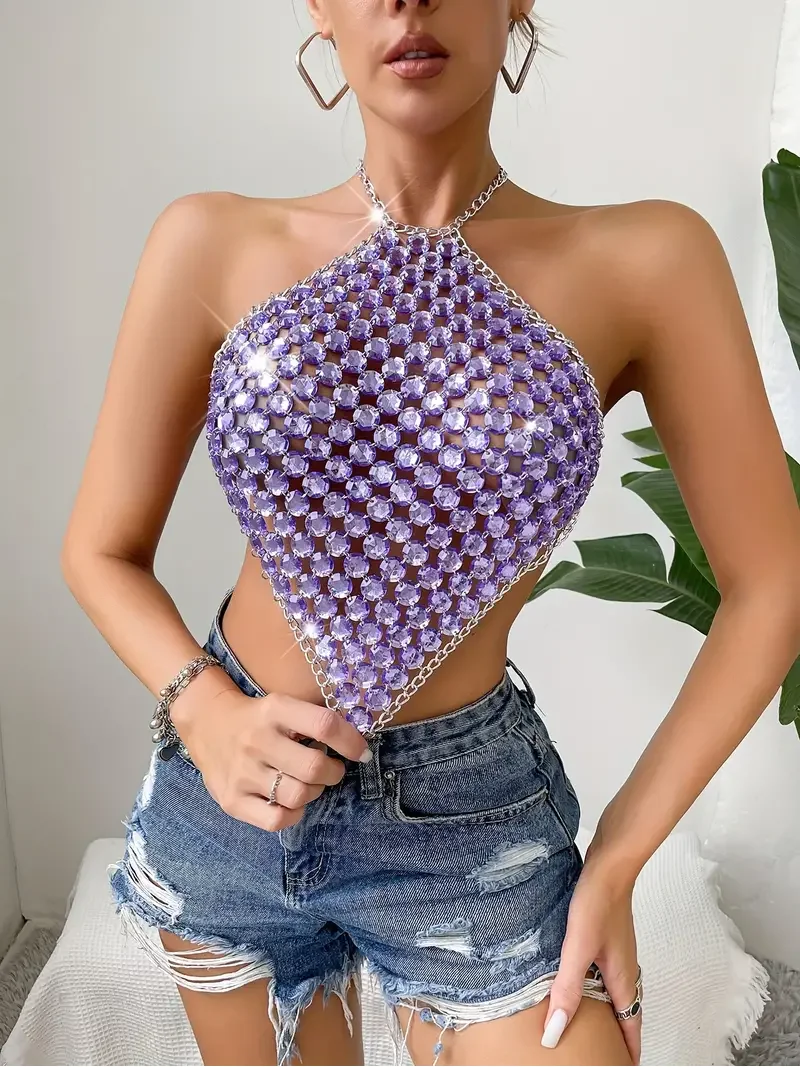 Rhinestone Halter Neck Top, Sexy Hanky Hem Backless Halter