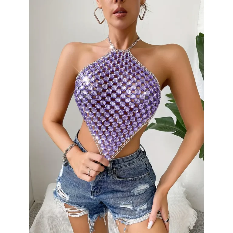 Rhinestone Halter Neck Top, Sexy Hanky Hem Backless Halter