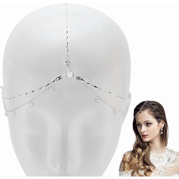 Rhinestone Head Chain Boho Headpiece Silver Alloy Sparkle Chain Layered Headband with Pendants for Wedding Prom Festival Party Bride Bridesmaid Women Hair Jewelry Accessories Gift Silver
