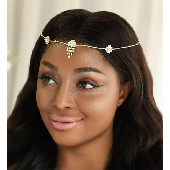 Rhinestone Head Chain Bridal Head Chain Jewelry Gold Forehead Hair Jewelry Bohemian Headbands Crystal Wedding Headpiece for Women and Girls