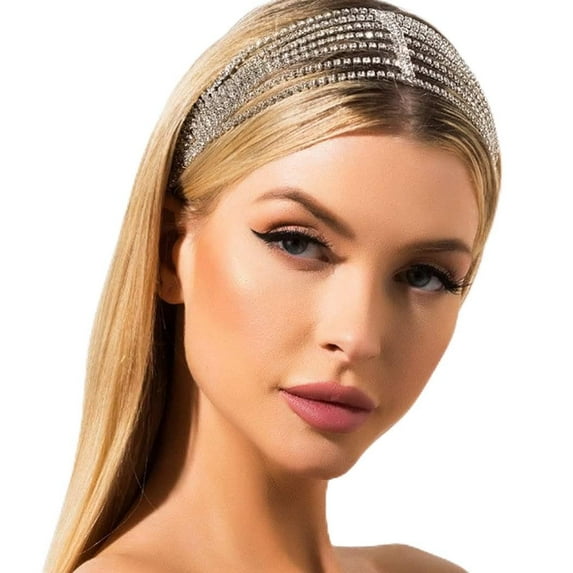 Rhinestone Head Chain Forehead Bridal Headband Elastic Crystal Hair Band Halloween Prom Hair Jewelry for Women and Girls (1-Silver)