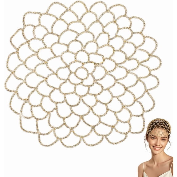 Rhinestone Head Chain Golden Boho Headpiece Rhinestone Flapper Headpiece Hat with 2 Clips Forehead Mesh Cap Hair Accessories
