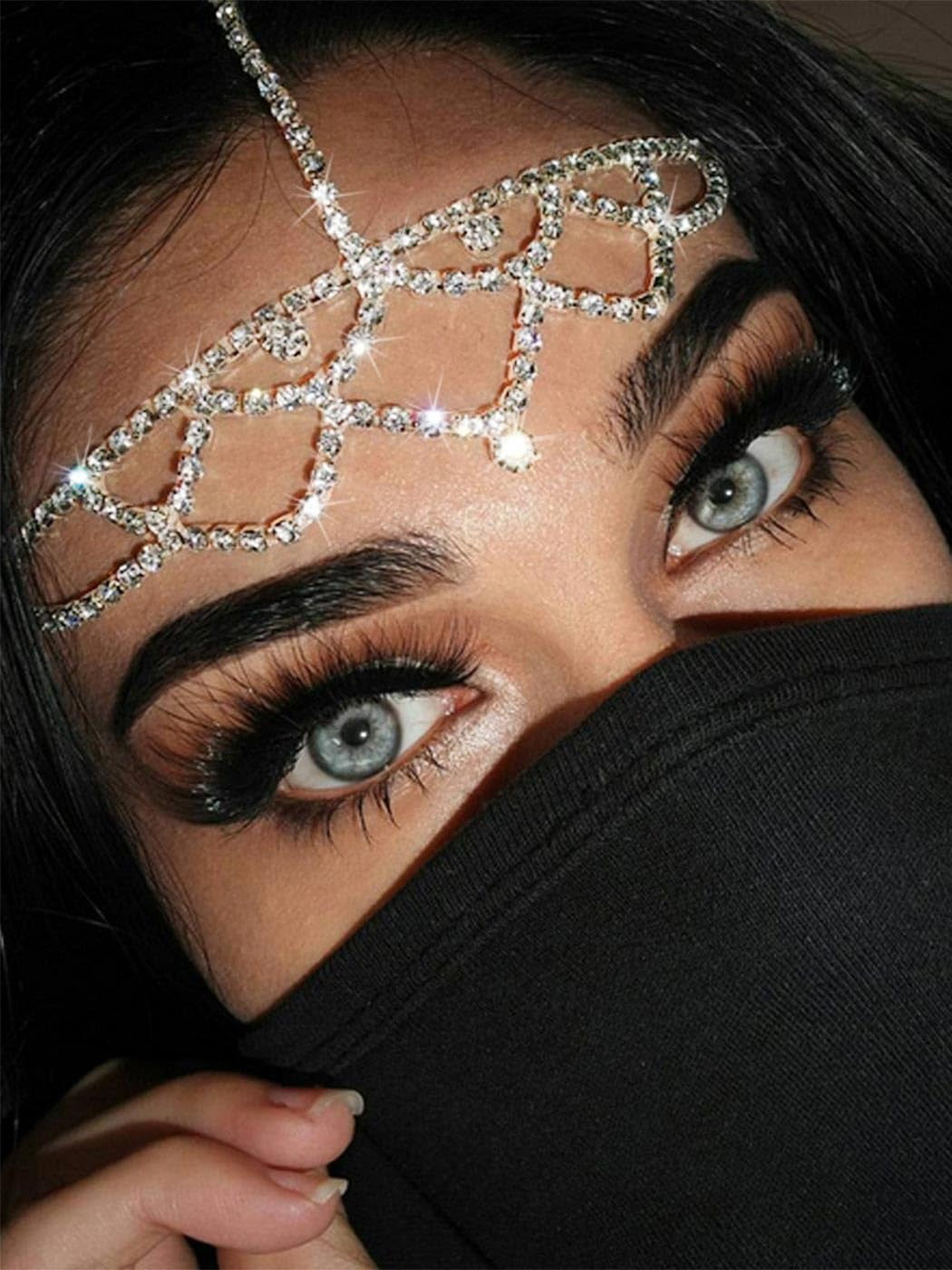 Crystal Bridal Headpiece - Silver Clear Rhinestone Forehead Chain Kim Kardashian Crystal Bridal Forehead Headpiece, Forehead  main image 4