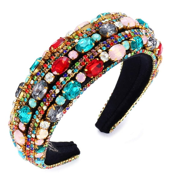Rhinestone Headband for Women Statement Wide Baroque Bejeweled Padded Diamond Headband Colorful Crystal Elastic Velvet Hairband for Wedding Party (Rhinestone-colorful)
