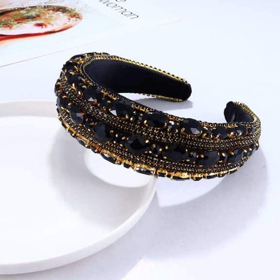 Rhinestone Headband for Women Statement Wide Baroque Bejeweled Padded Diamond Headband Colorful Crystal Elastic Velvet Hairband for Wedding (Black)