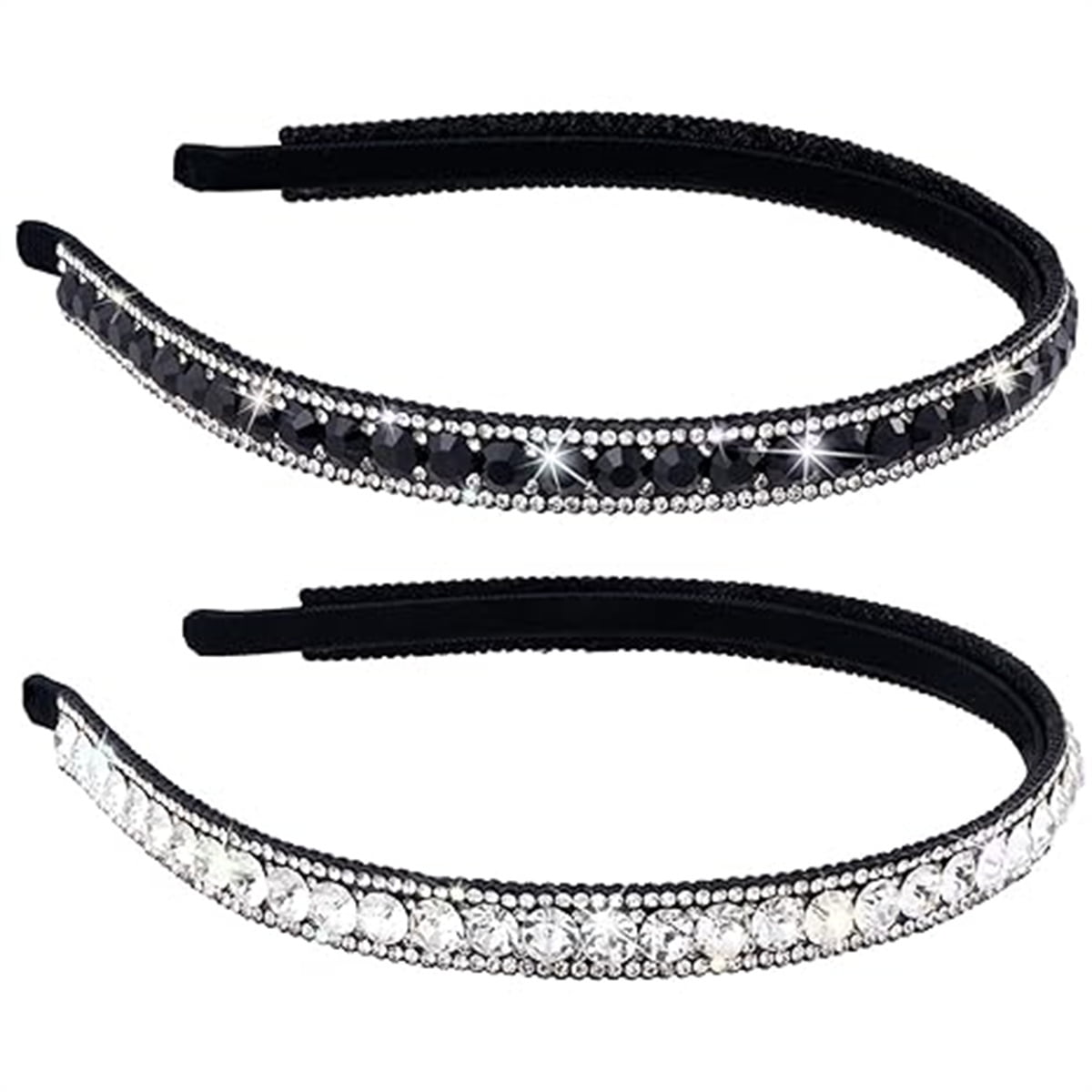 Rhinestone Headbands for Women, Crystal Hair Band for Bridal Wedding, Diamond Hair Style Accessories for Women Girls, Black & White, 2Pcs