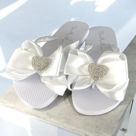 Rhinestone Heart Flip Flops with Big White Satin Bows, Cute Sandals for Vacation, Wedding & More