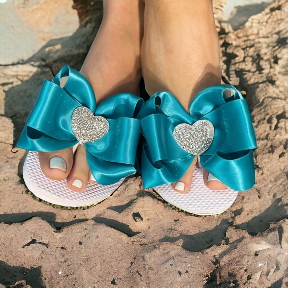Rhinestone Heart Flip Flops with Turquoise Satin Bows
