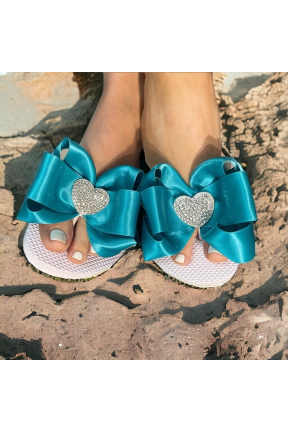 Rhinestone Heart Flip Flops with Turquoise Satin Bows