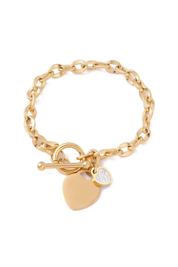 Rhinestone Heart and Bar Charm Bracelet with Cable Chains Ion Plating(IP) 304 Stainless Steel Jewelry for Women Golden 7-5/8 inch(19.5cm)