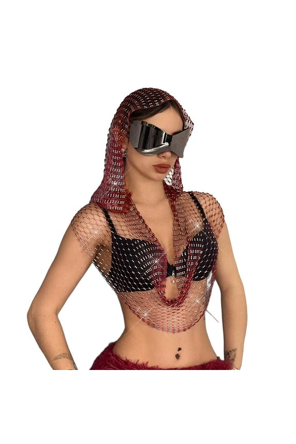Rhinestone Hoodie, Yigetop Mesh Tops for Women Hood Shirt Hollow Out Tops Clubwear Bikini Crop Top Hooded Rave Top Red L
