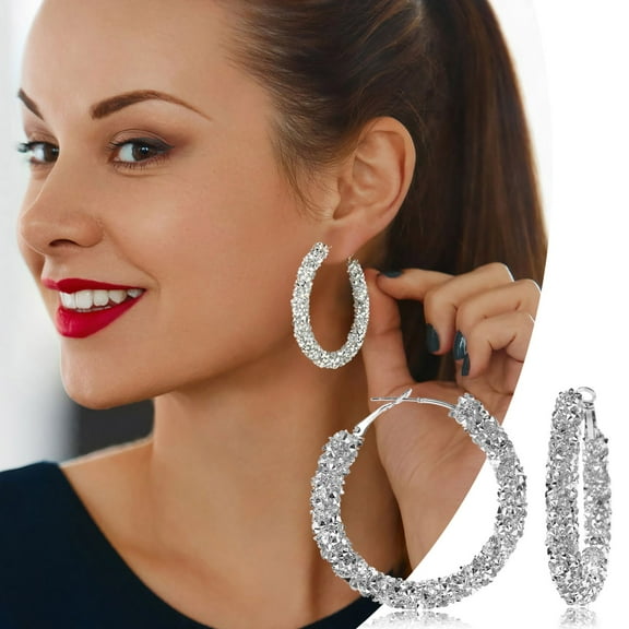 Rhinestone Hoop Earrings, Fashion Thin Big Hoop Earrings, Shiny Hoop Earrings for Women Jewelry Gifts, Silver Diamond Hoops