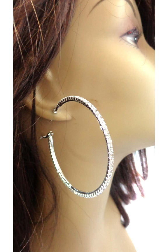 Rhinestone Hoop Earrings Silver Tone Hoops Thin 3 inch Crystal Hoops Large