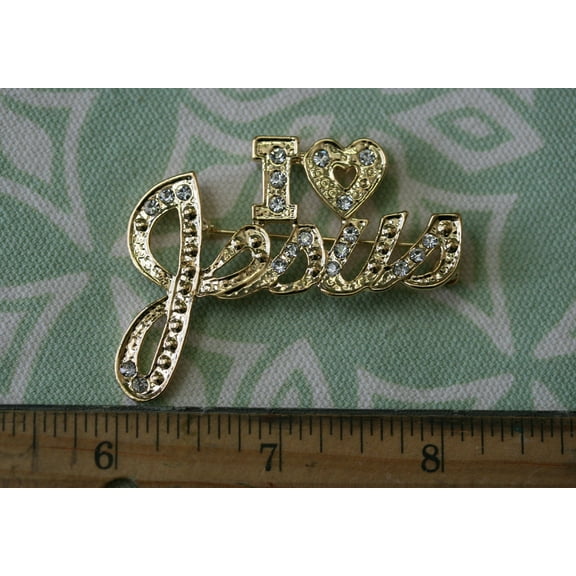 Rhinestone I Love Jesus Pin Brooch Austrian Crystal Handmade "I Love Jesus" Lapel Pin