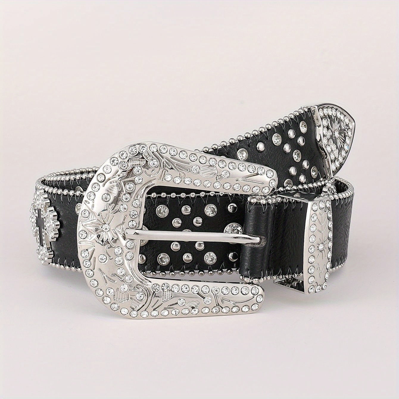 Rhinestone Inlaid Carved Buckle Belt Cross Rivet Studded Shiny Cowboy
