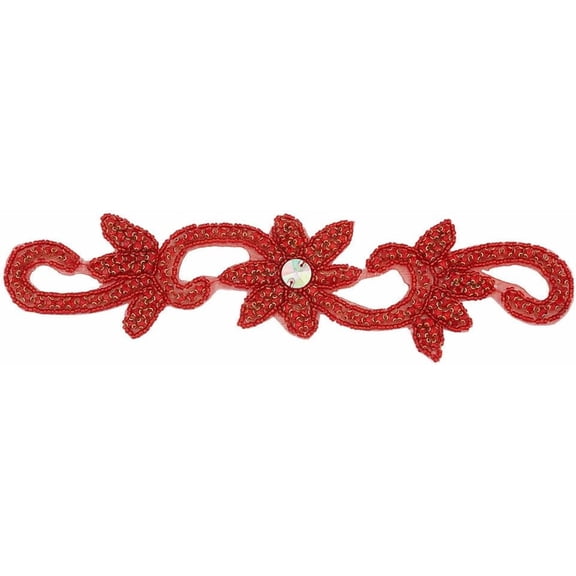 Rhinestone Iron on Patch Rhinestone Applique 9x2.5 Inch Red Flowers and Vines Red Beaded Hot Fix Applique Wedding Hair for Bridal Dress Sash Crystal Belt